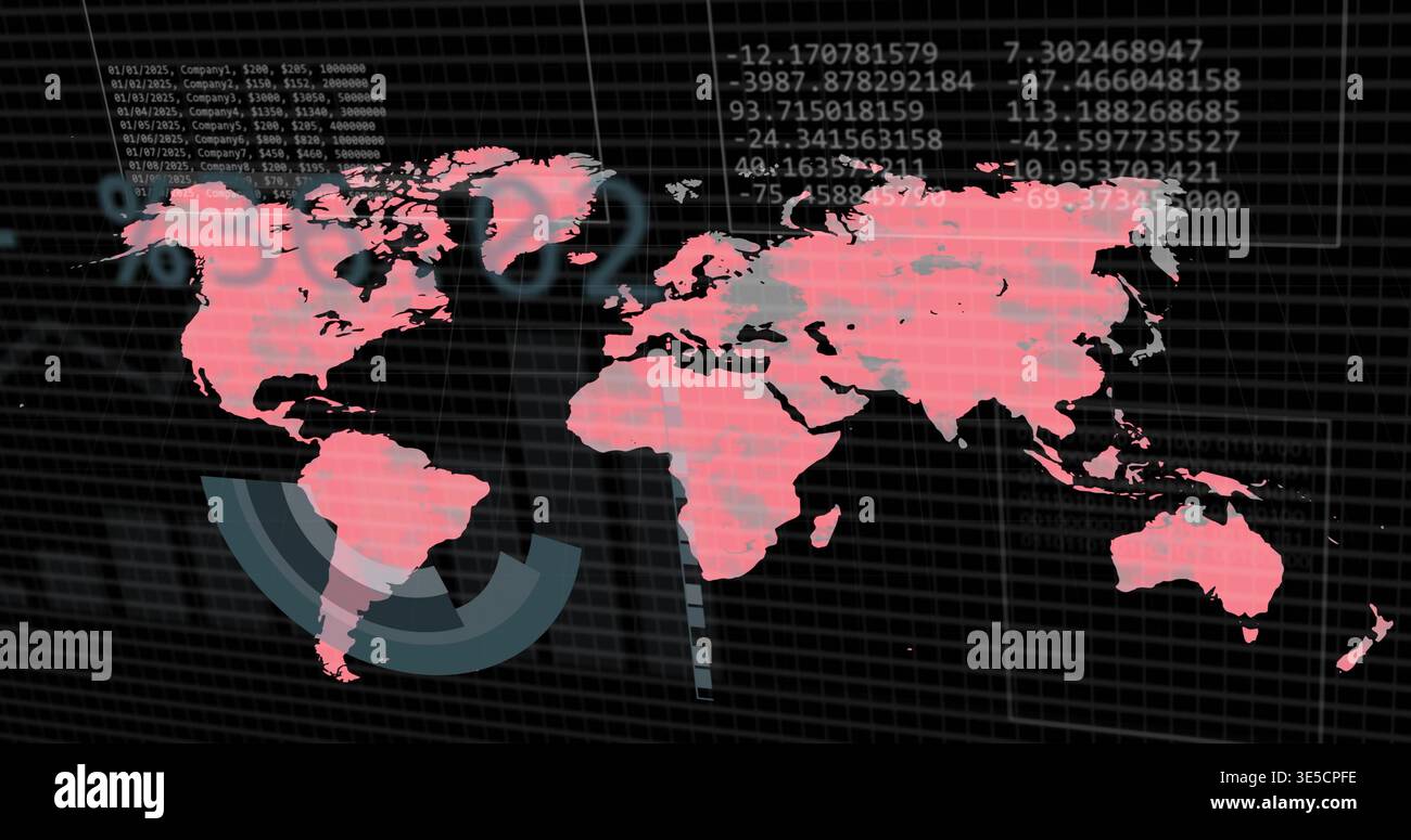 Displaying stylized pink world map centered on dark grid dashboard, with radar arcs and data Stock Photo