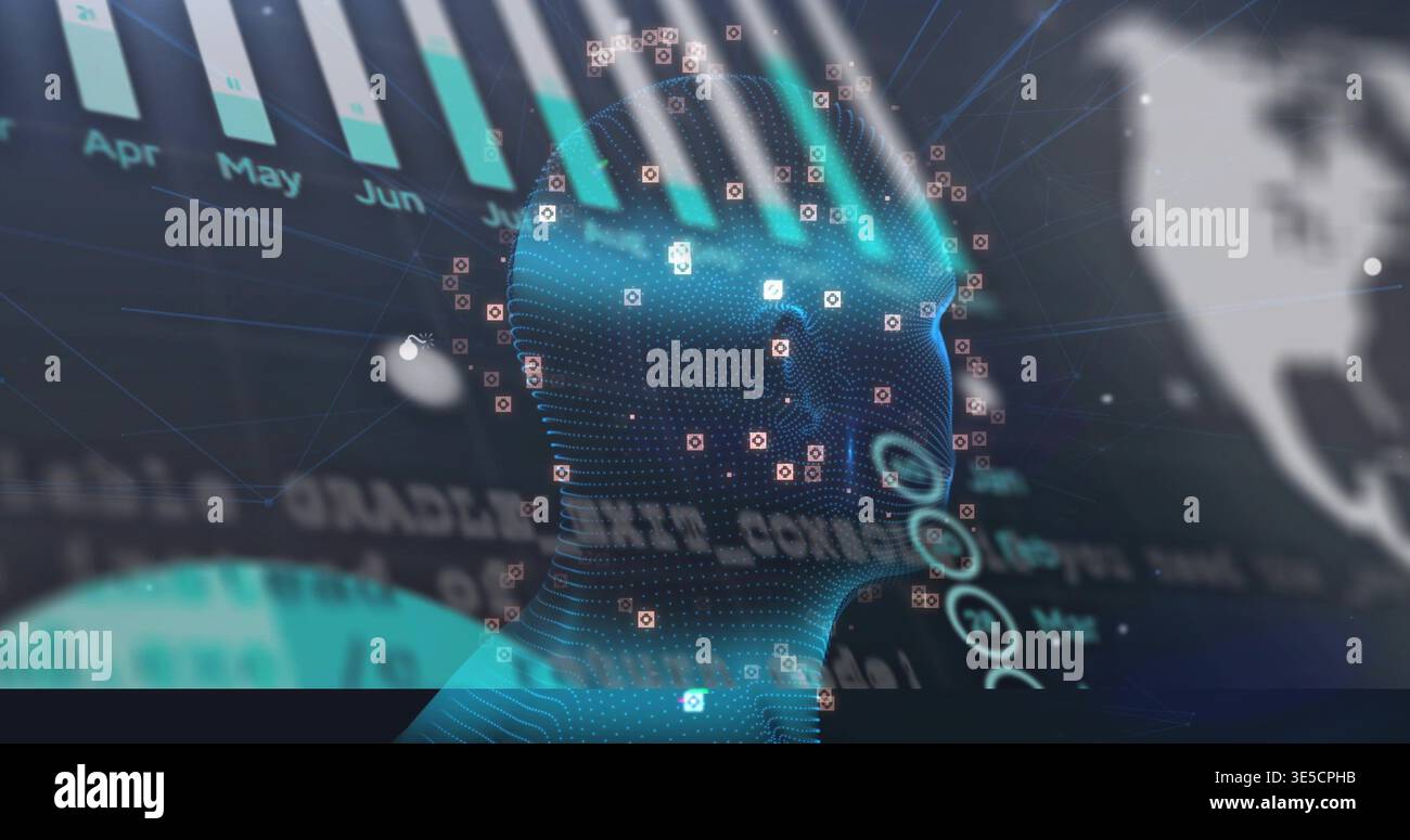 Displaying blue wireframe head rotating in virtual analytics dashboard, with bar chart Apr May Jun Stock Photo