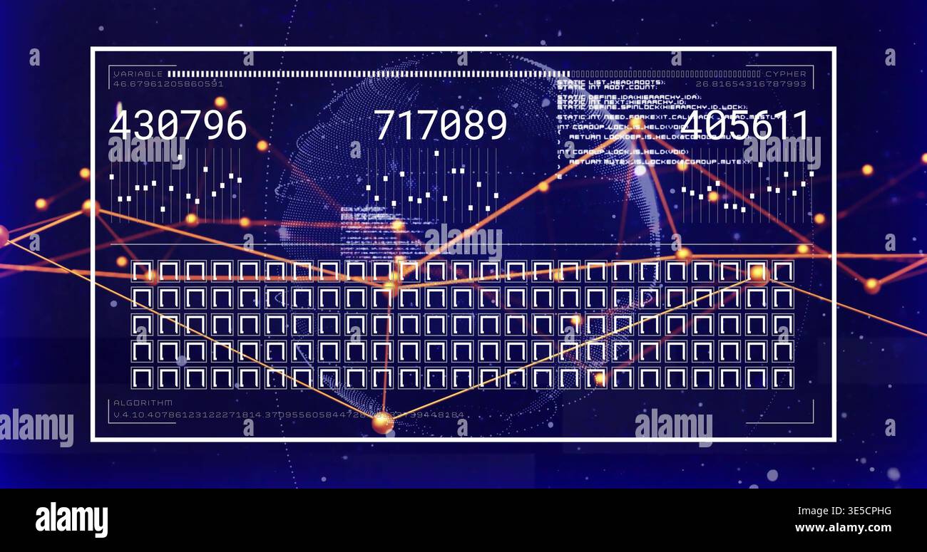 Showing centered white UI frame on dark blue dashboard with three numeric readouts and orange graph Stock Photo