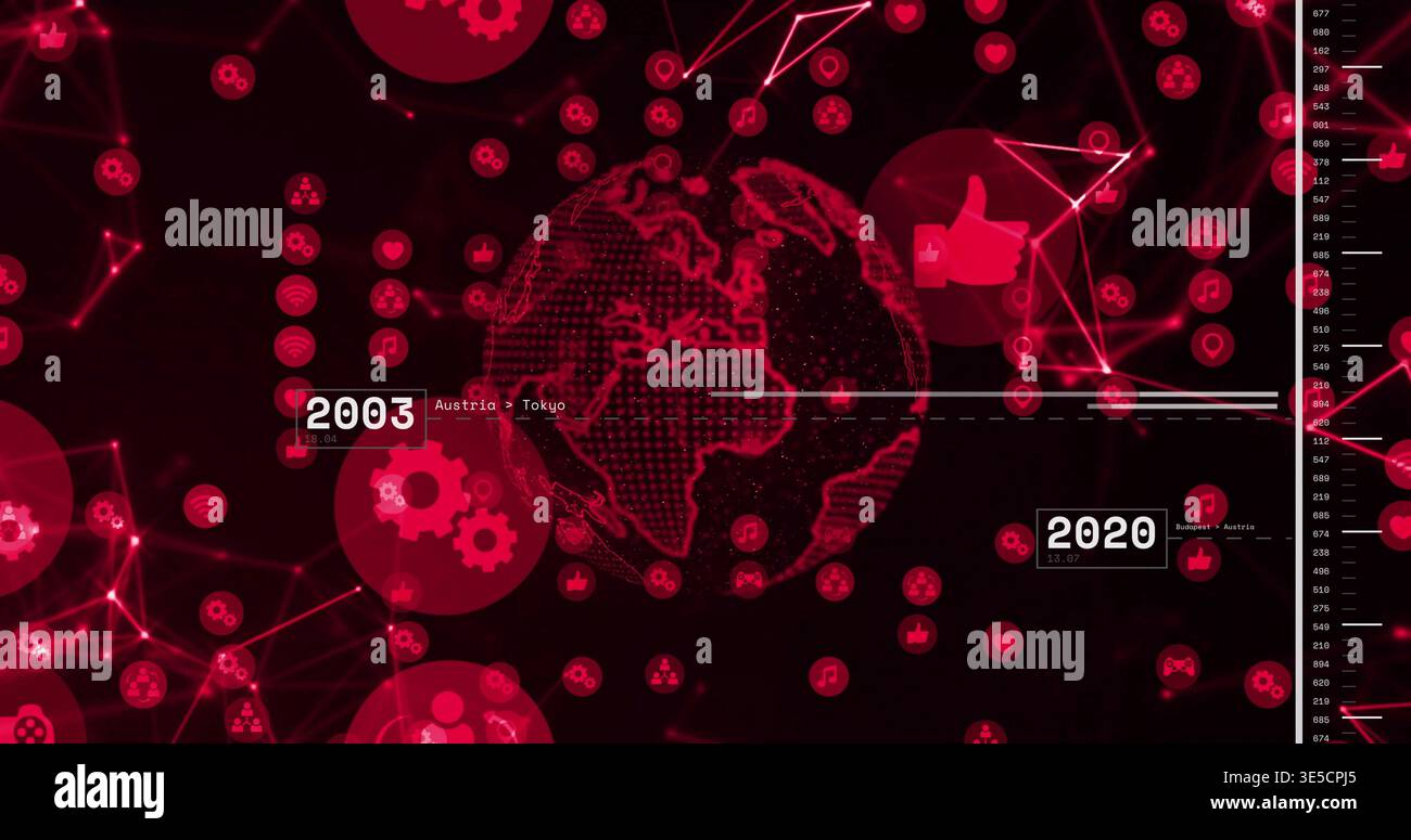 Displaying wireframe globe centered on dark visual, connecting nodes with 2003 and 2020 markers Stock Photo