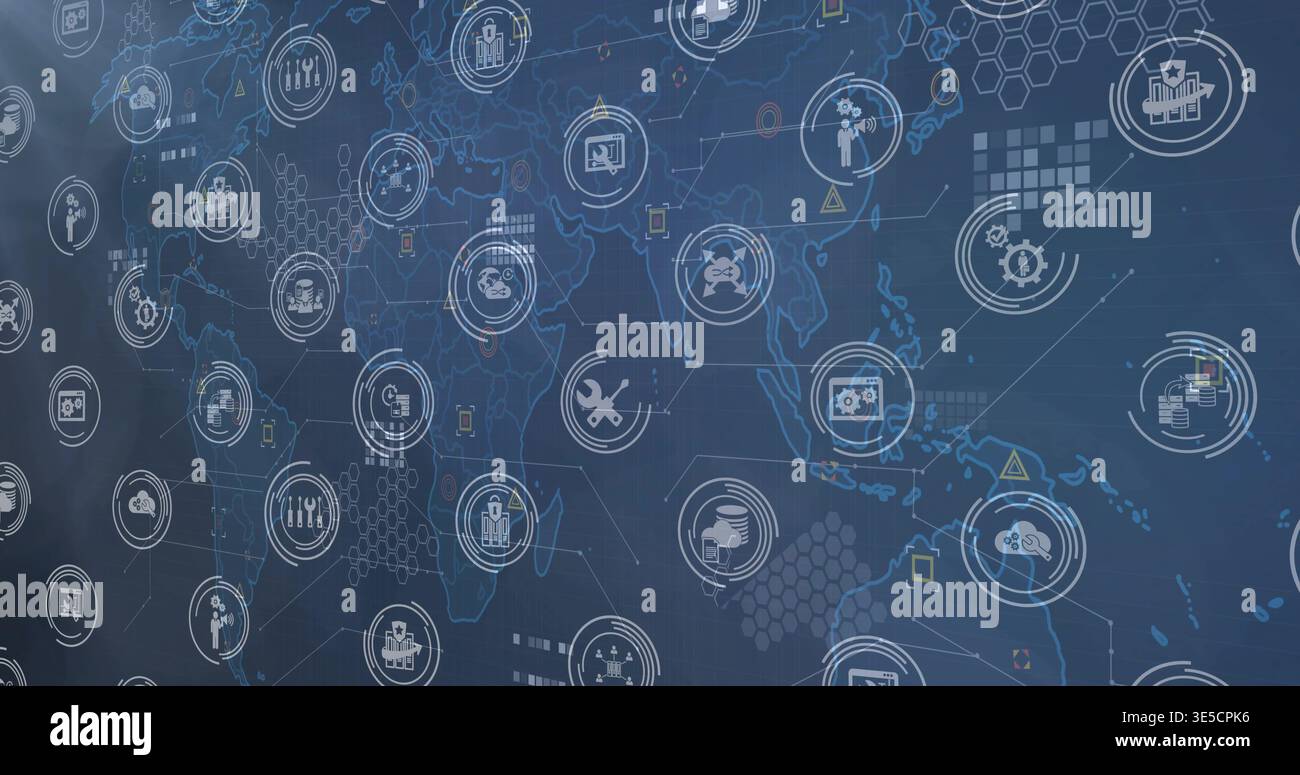 Displaying stylized world map overlaying dark blue dashboard, with ...