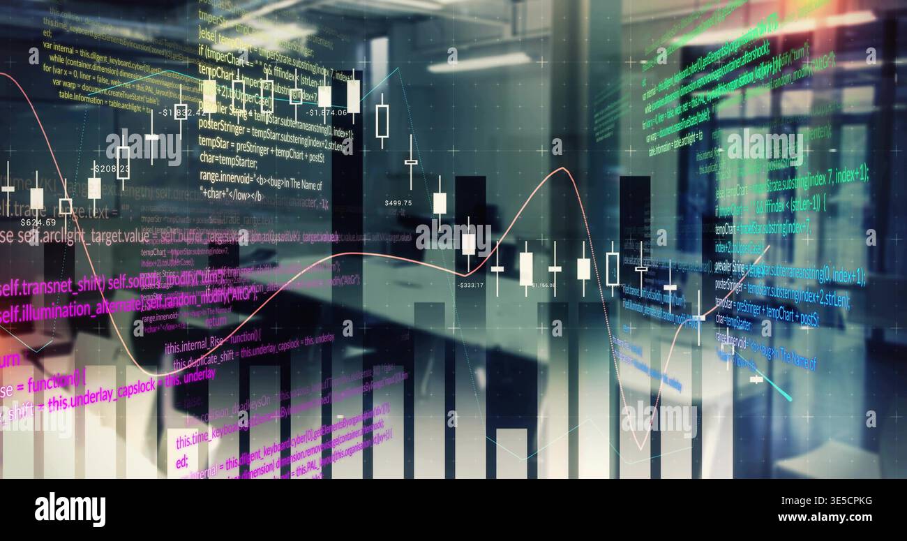 Displaying data overlays floating over open office, with candlesticks, bars, lines, code Stock Photo
