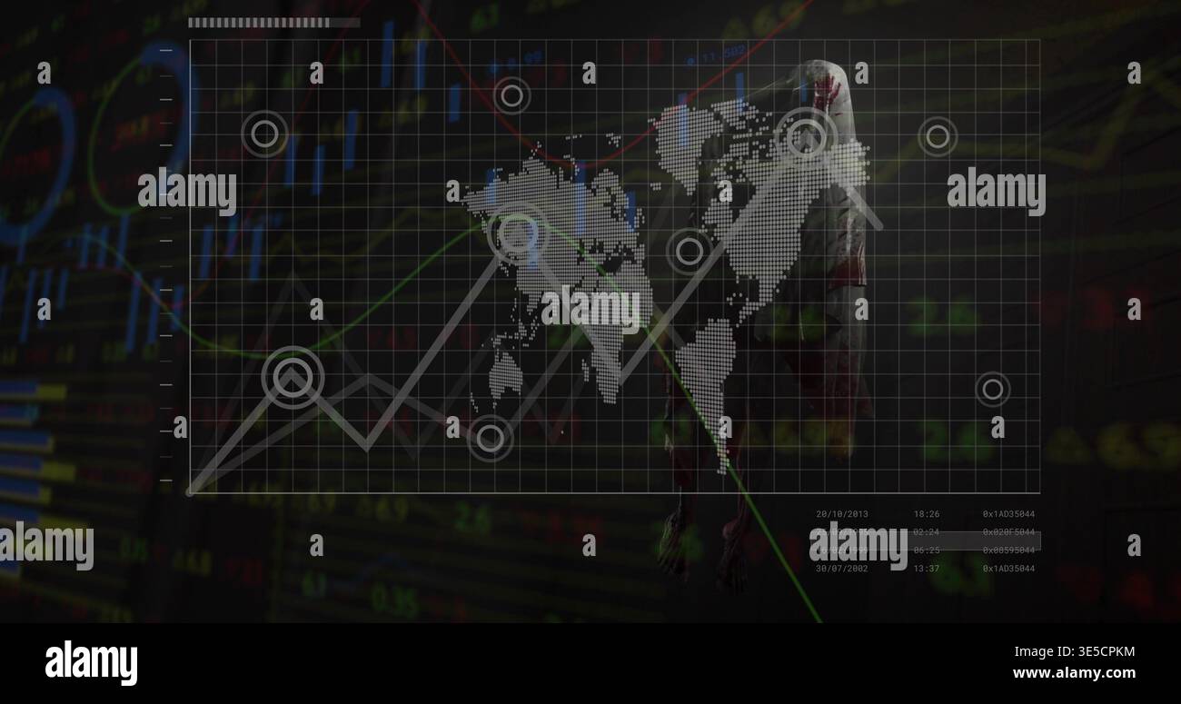 Displaying grid overlay showing dotted world map and trend lines on trading display, hooded figure Stock Photo