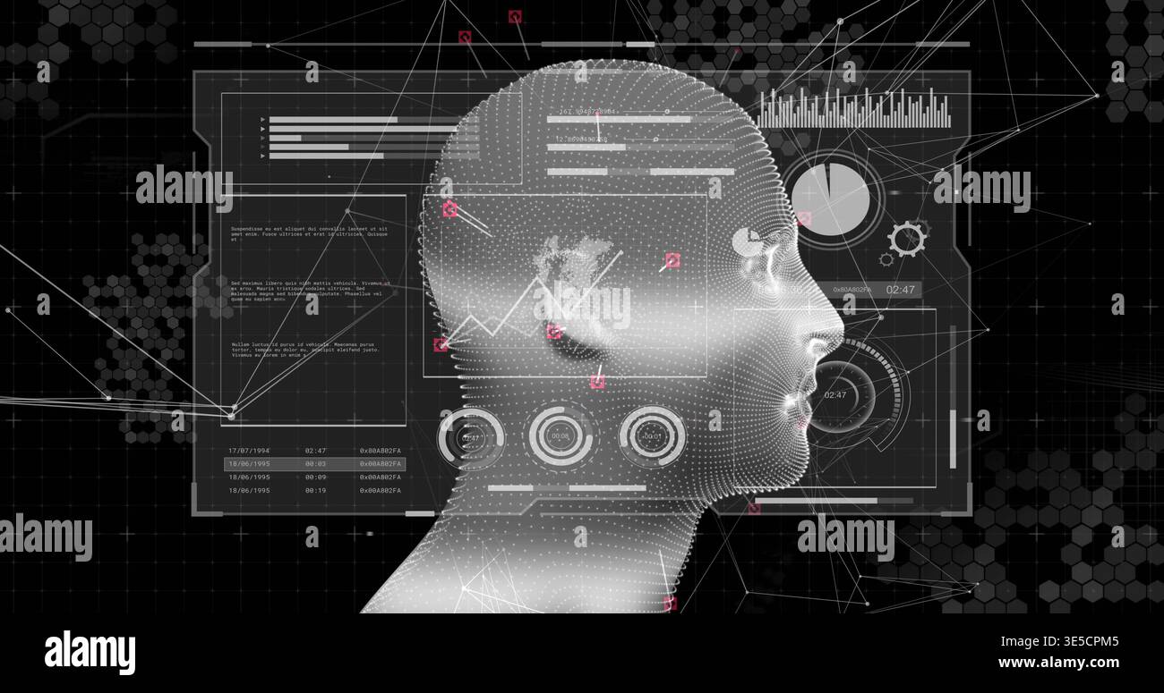 Displaying dotted-wireframe 3D head projecting data charts in virtual HUD, with red marker nodes Stock Photo