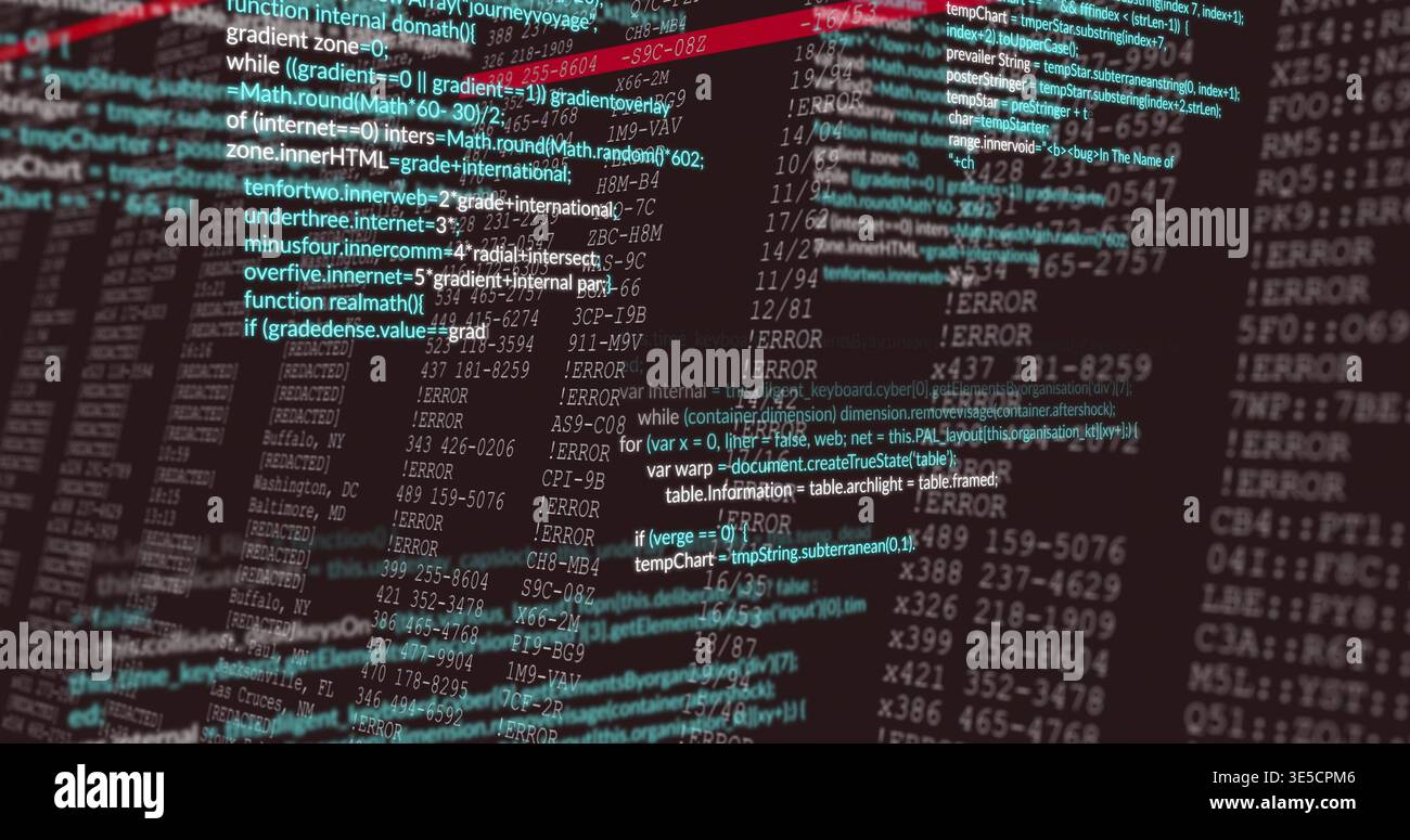 Displaying source code overlay on dev screen at desk, with ERROR columns, teal highlights, red bar Stock Photo
