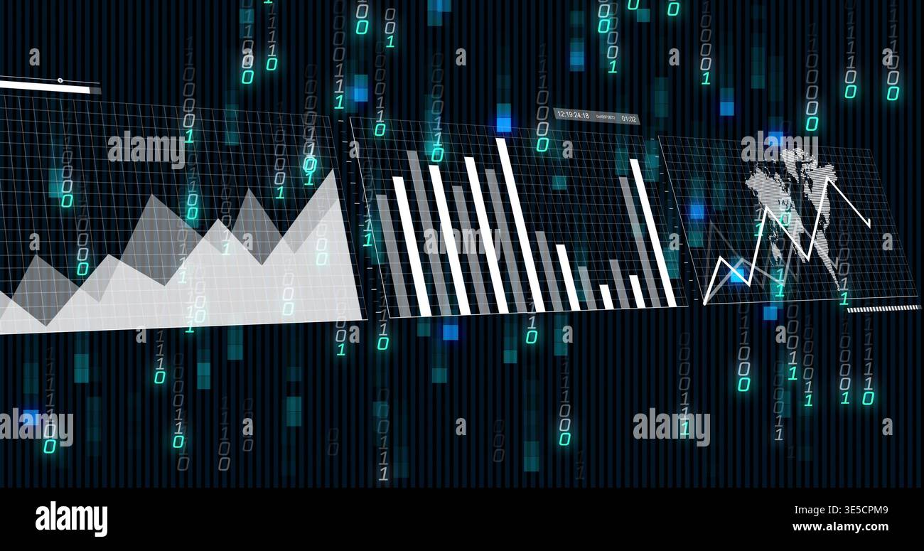 Showing three clear grid panels centered in digital dashboard, displaying charts and binary streams Stock Photo