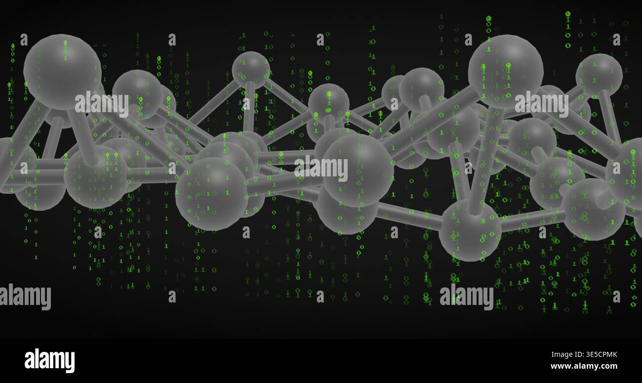 Forming central 3D network in virtual lab, translucent spheres and rods with cascading green binary Stock Photo