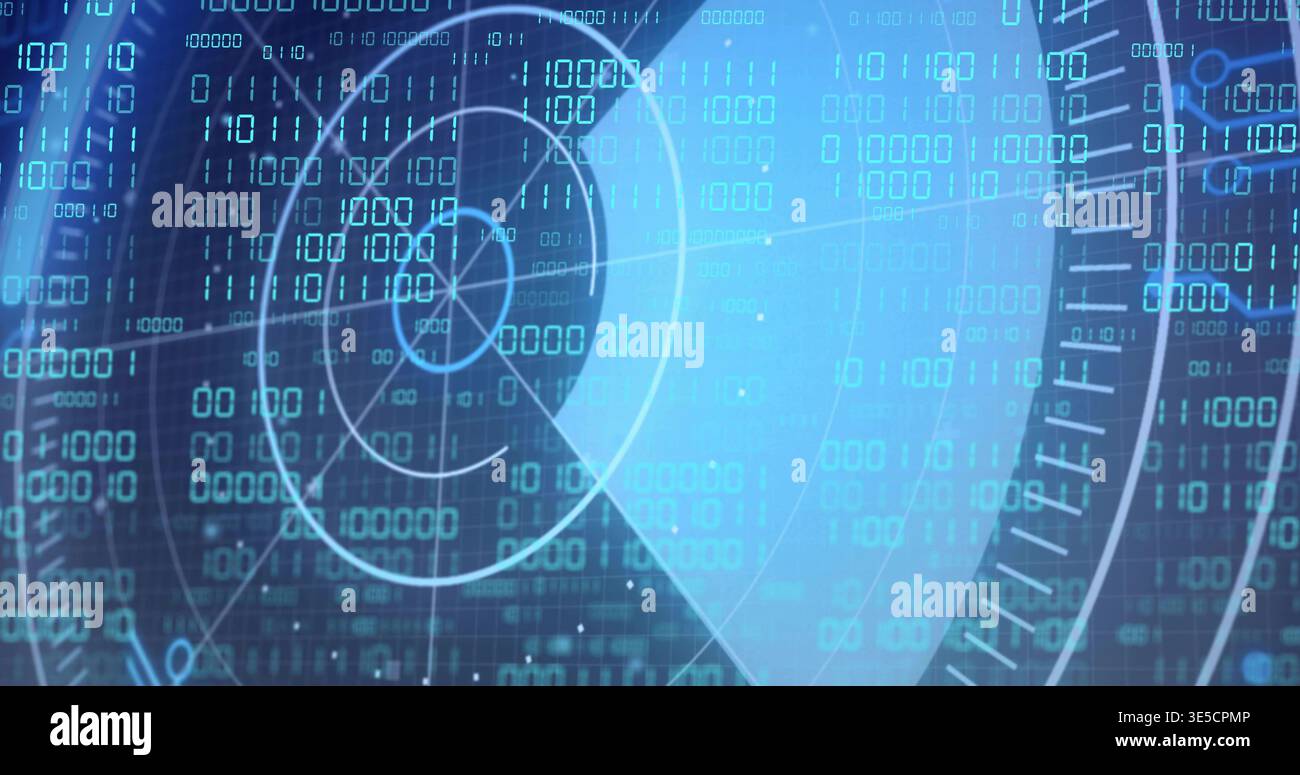Animating radar HUD sweeping triangular sector on digital screen, reticle, binary, radial scale Stock Photo