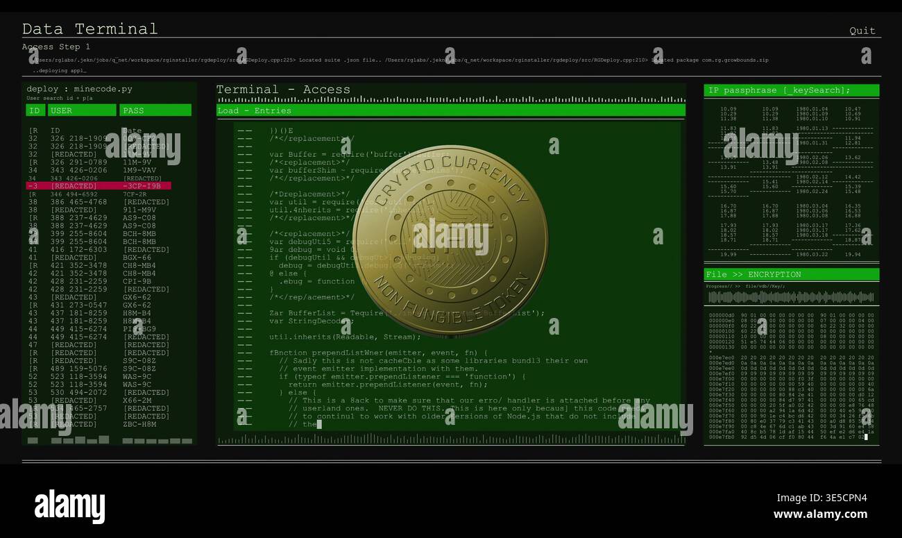 Displaying metallic gold NFT coin centered on terminal, showing code pane, left list, right hex Stock Photo