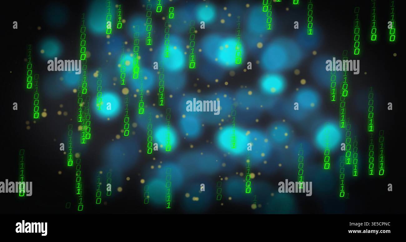 Streaming data over dark backdrop, showing vertical green binary streams, teal bokeh, golden specks Stock Photo