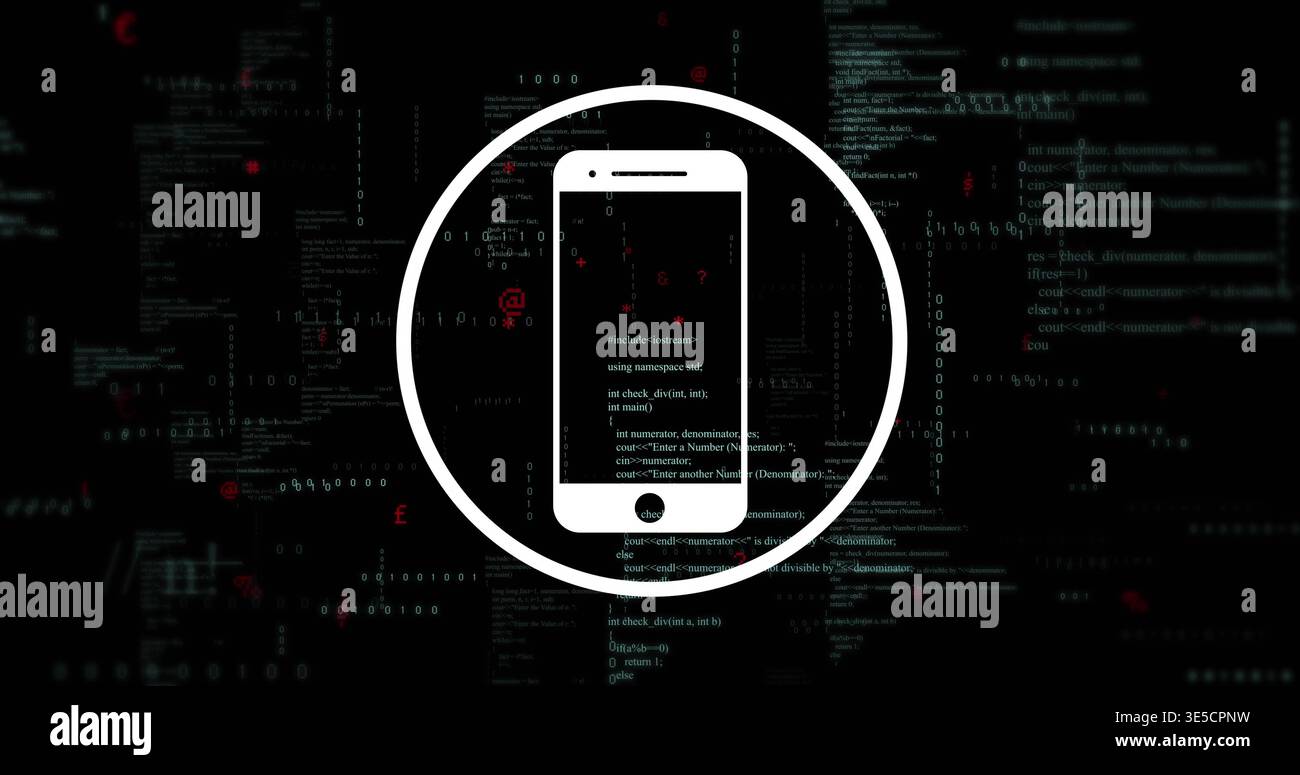 Displaying white smartphone icon inside circular outline in dark coding console, with green code Stock Photo