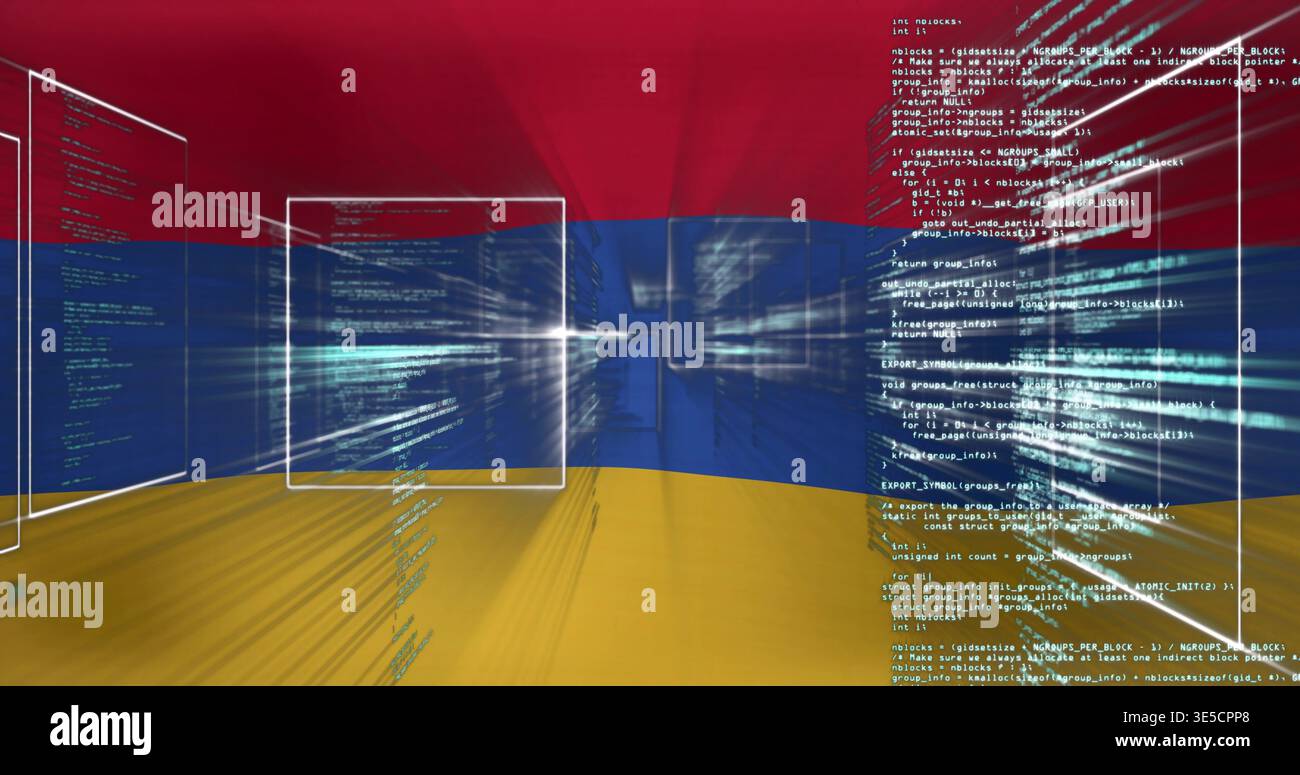 Floating glass panels and code columns forming vanishing grid in virtual space, tricolor backdrop Stock Photo