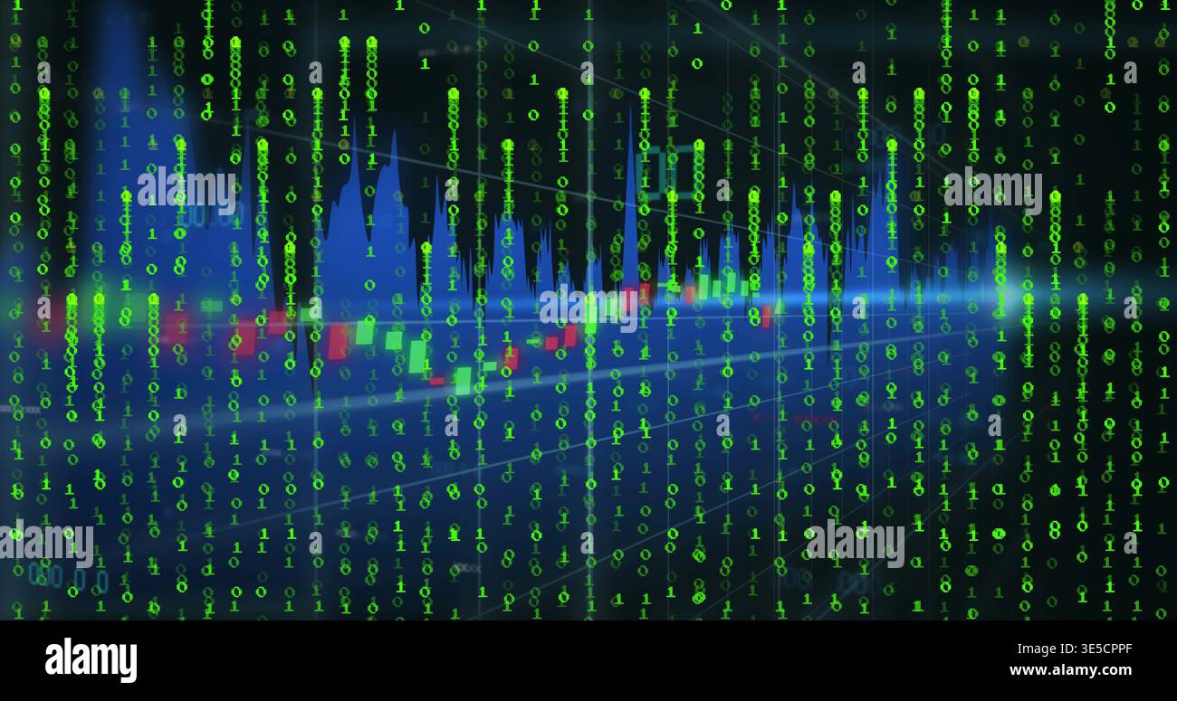 Streaming green binary digits overlaying candlestick bars and blue line graph in virtual dashboard Stock Photo