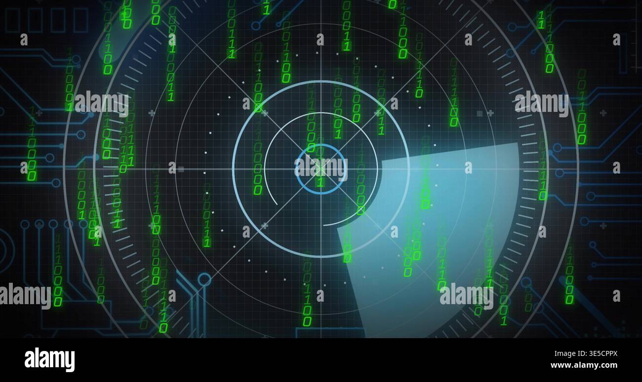 Displaying radar UI scanning digital display, showing concentric rings and falling binary digits Stock Photo