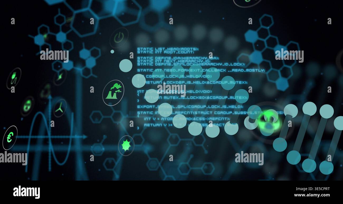 Displaying stylized DNA helix glowing in virtual dashboard, with code text and green icons Stock Photo