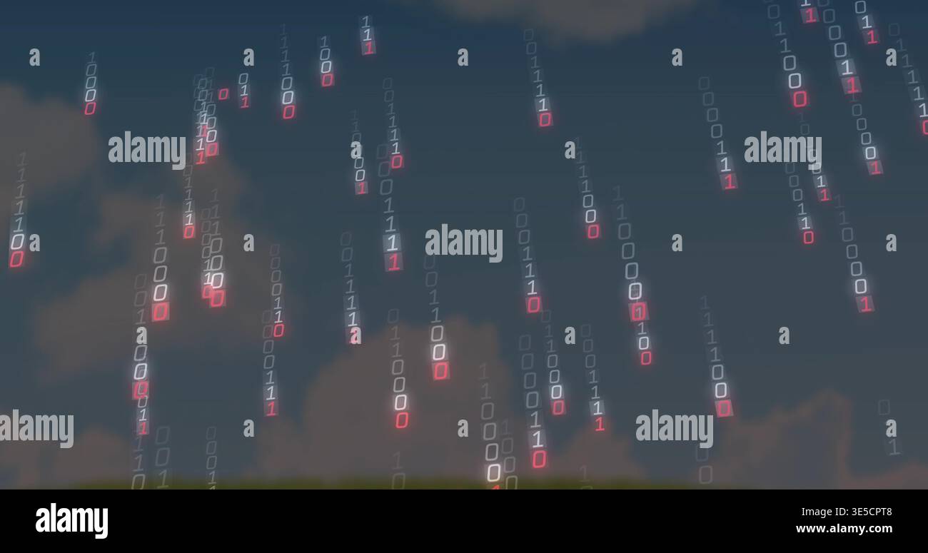 Streaming glowing binary digits 0 and 1 falling over grassy horizon at dusk, with clouds Stock Photo