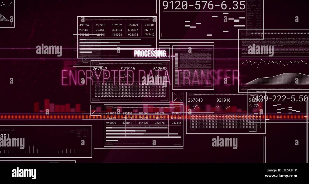 Displaying central neon ENCRYPTED DATA TRANSFER label on maroon panel, showing PROCESSING Stock Photo