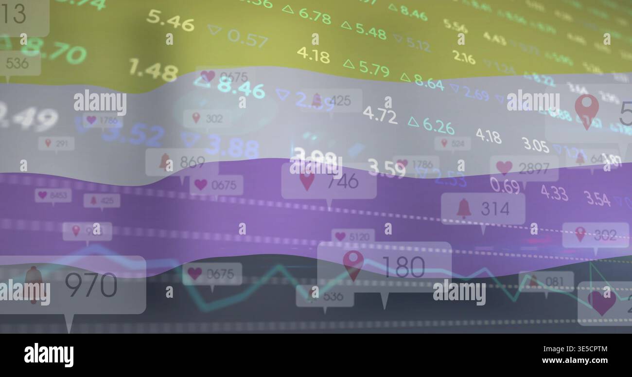 Showing data display on dashboard, featuring layered charts, notification widgets, numeric ticks Stock Photo