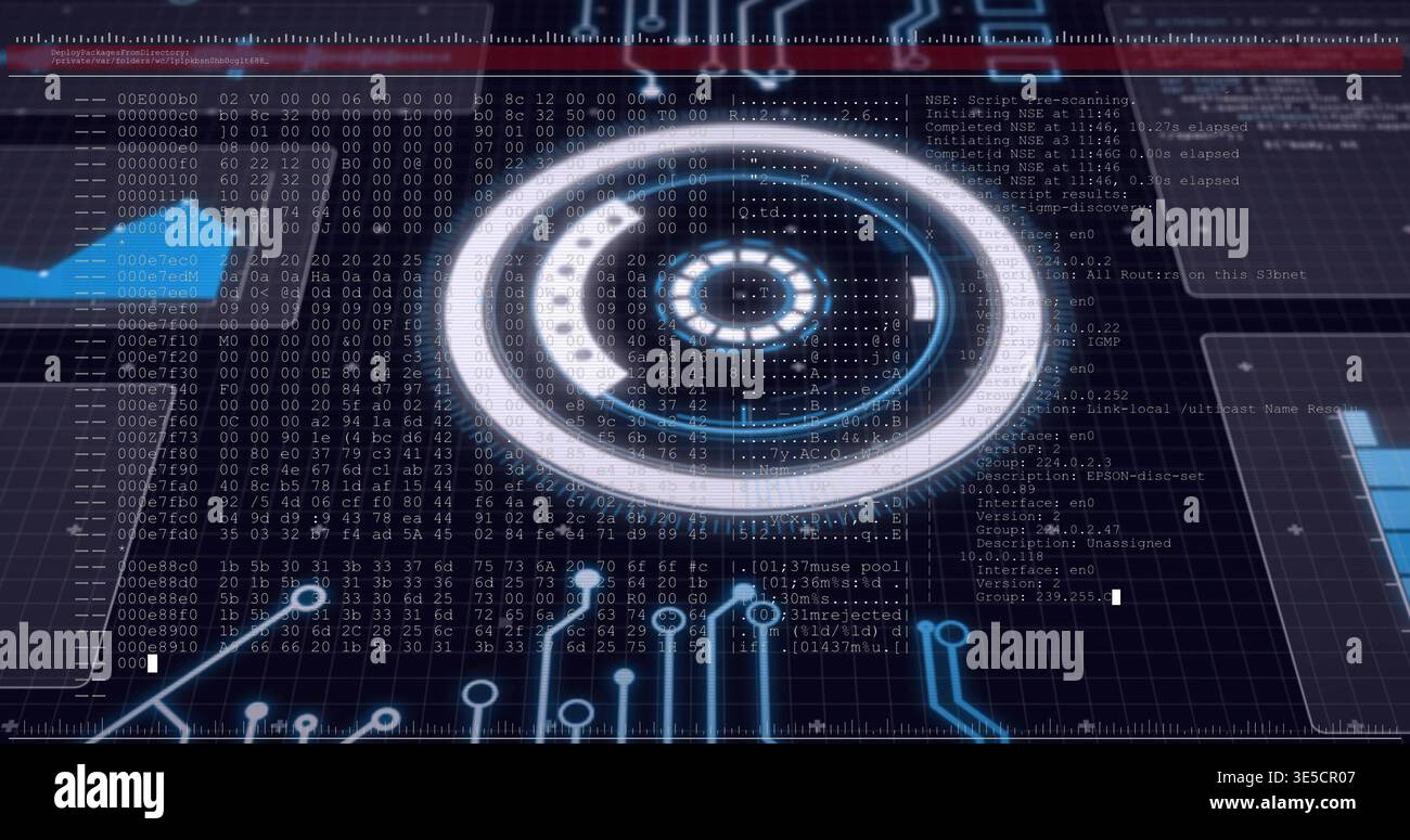 Displaying central circular HUD reticle with inner core on console, showing hex text, dotted matrix Stock Photo