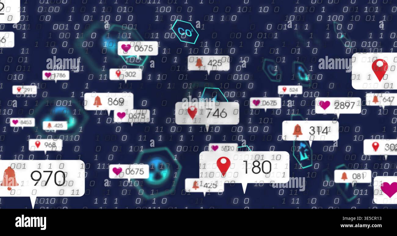 Floating notification bubbles drifting across binary matrix, showing counters, pin heart bell icons Stock Photo