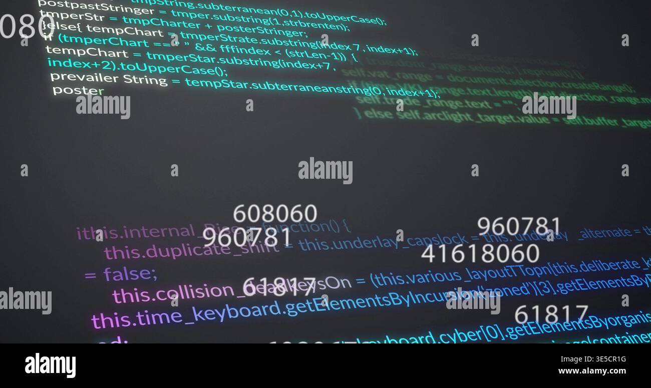 Displaying syntax-highlighted source code block on developer screen, with overlaid numeric markers Stock Photo