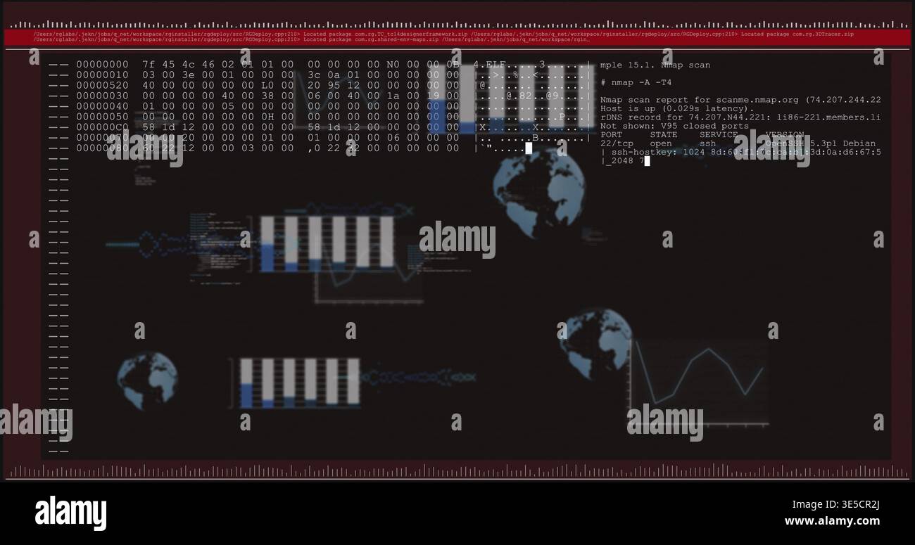 Showing maroon frame terminal UI showing hex dump, nmap output, three ...