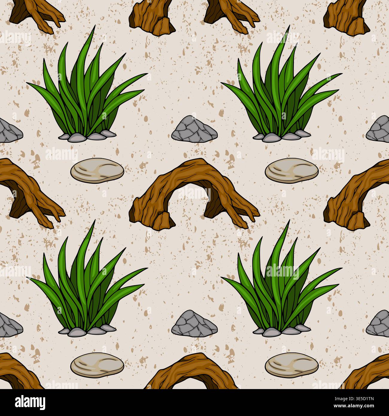 Seamless vector pattern of aquarium decorations, including lush green plants, natural wood logs, and smooth stones, on a speckled beige background. Stock Vector