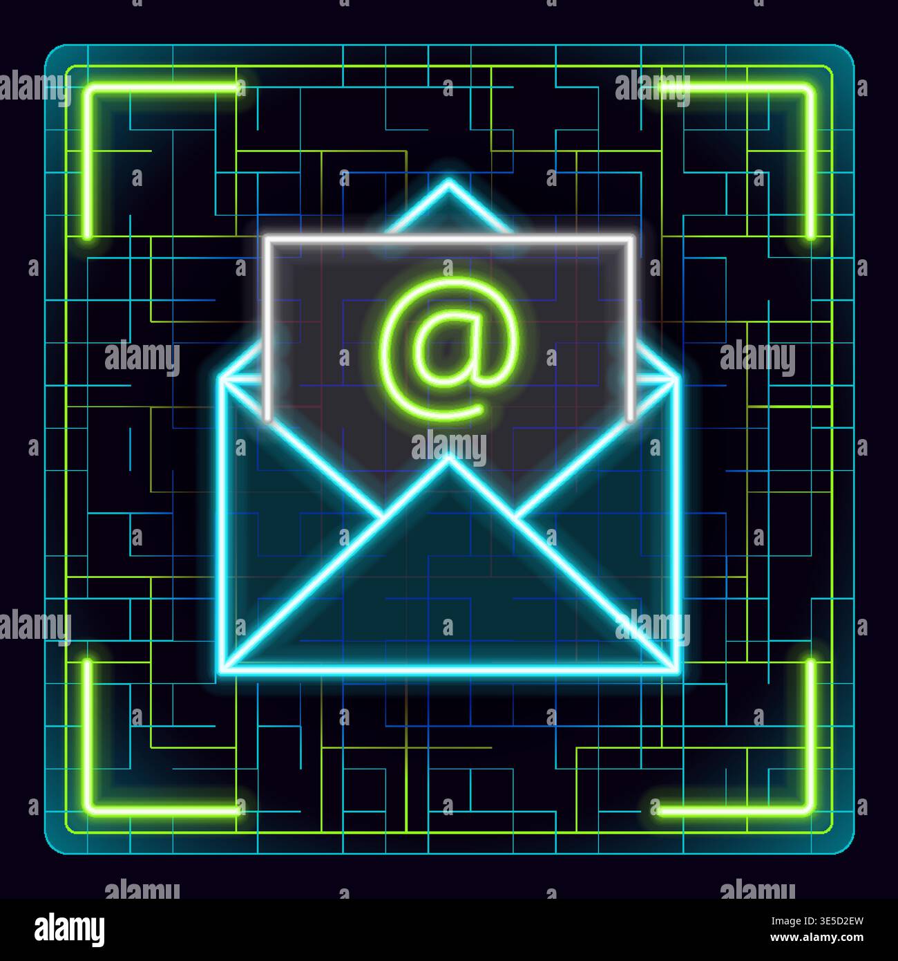 Open mail neon icon illustration. Glowing icon with border grid vector. Stock Vector