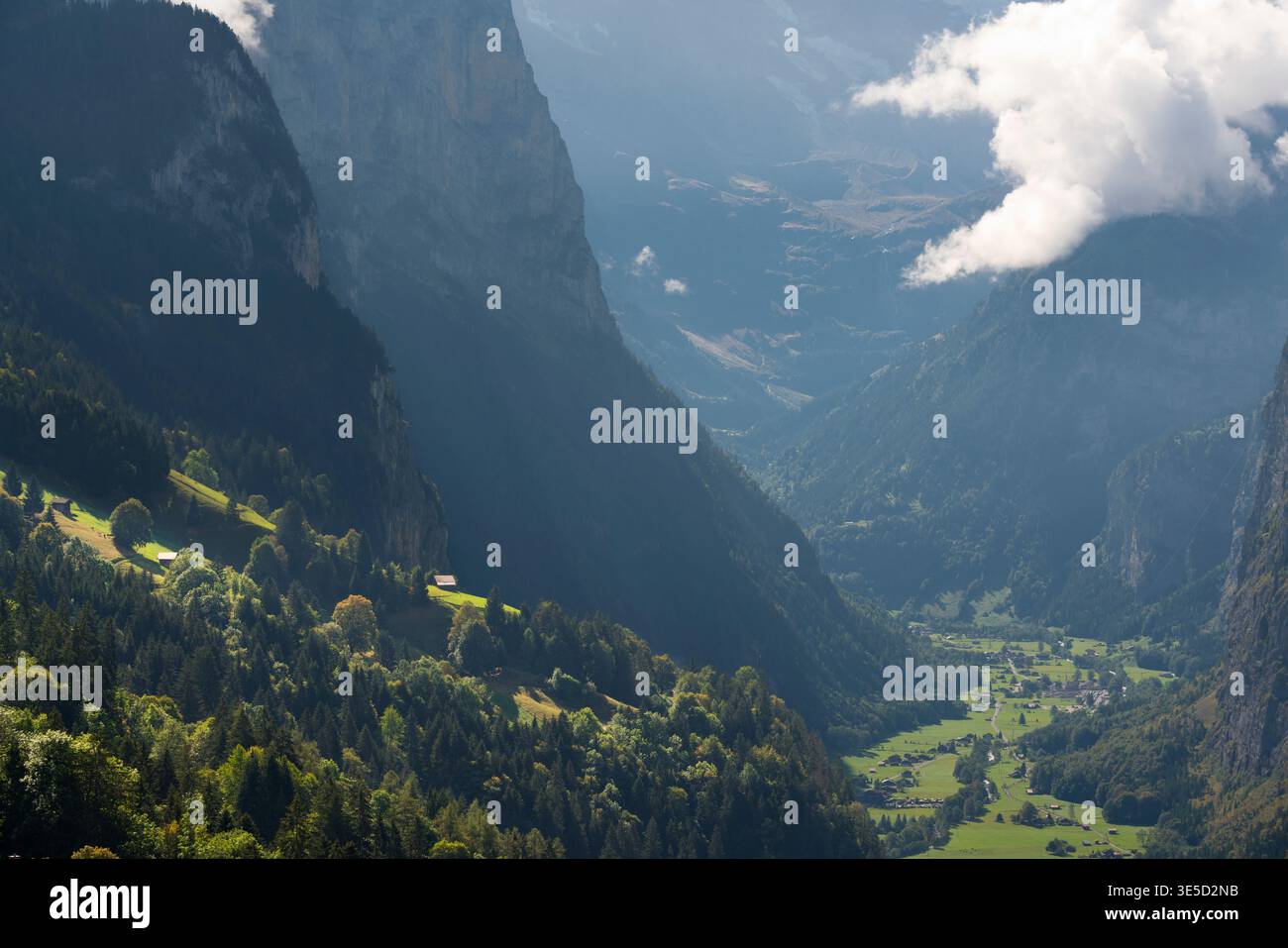View of the Lauterbrunnen Valley from Wengen, Lauterbrunnen, Interlaken-Oberhasli, Bern, Switzerland Stock Photo