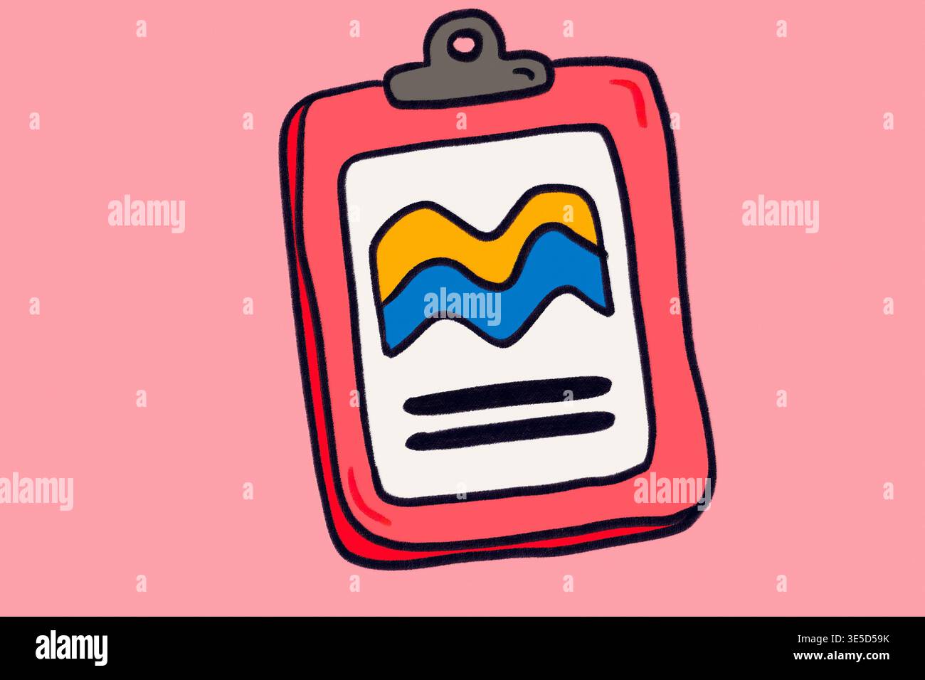 Bright and vibrant illustration of a clipboard icon featuring a simple graph with wavy lines in yellow and blue, set against a pink background. Perfec Stock Photo