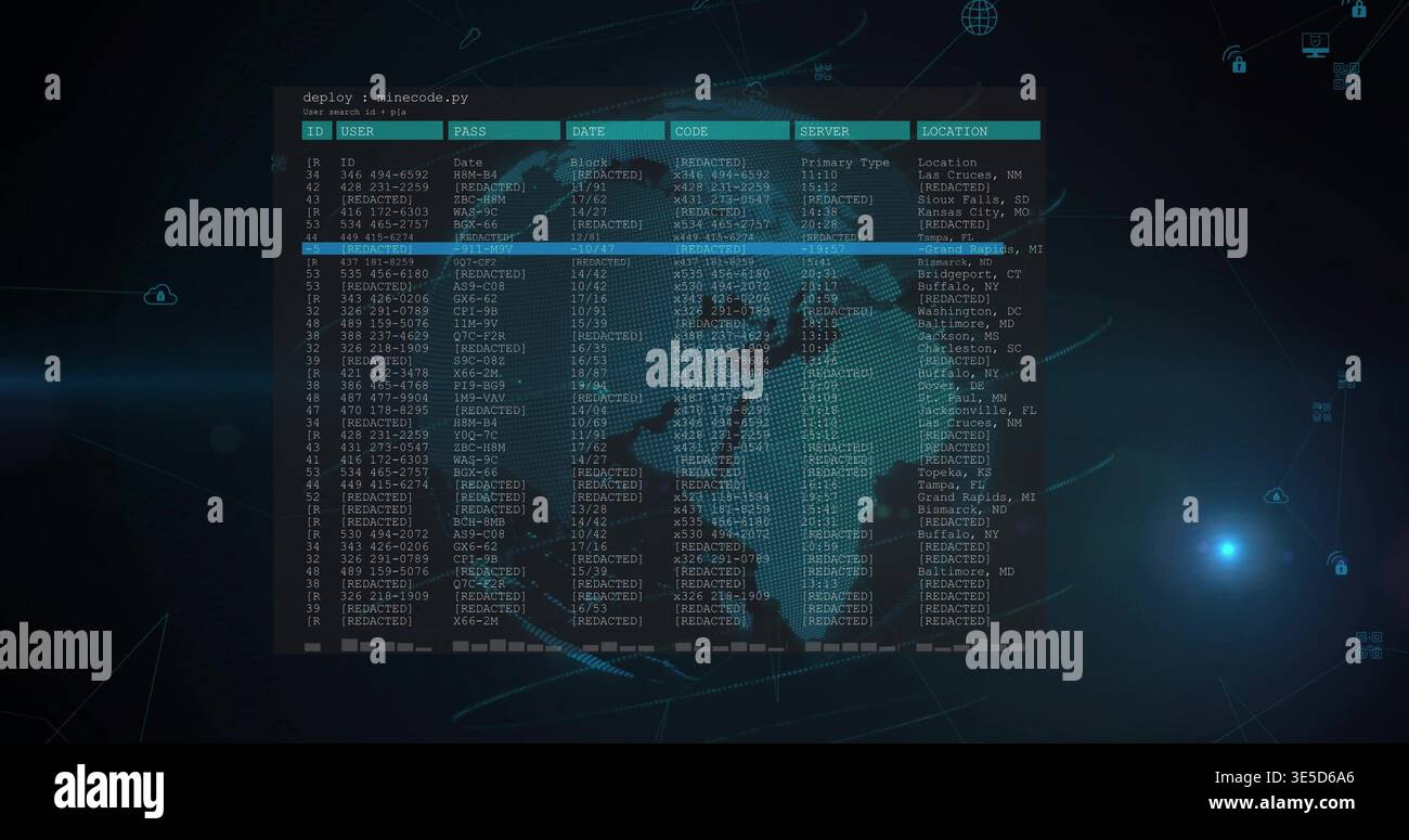 Displaying translucent console showing redacted table and highlighted row over stylized world map Stock Photo
