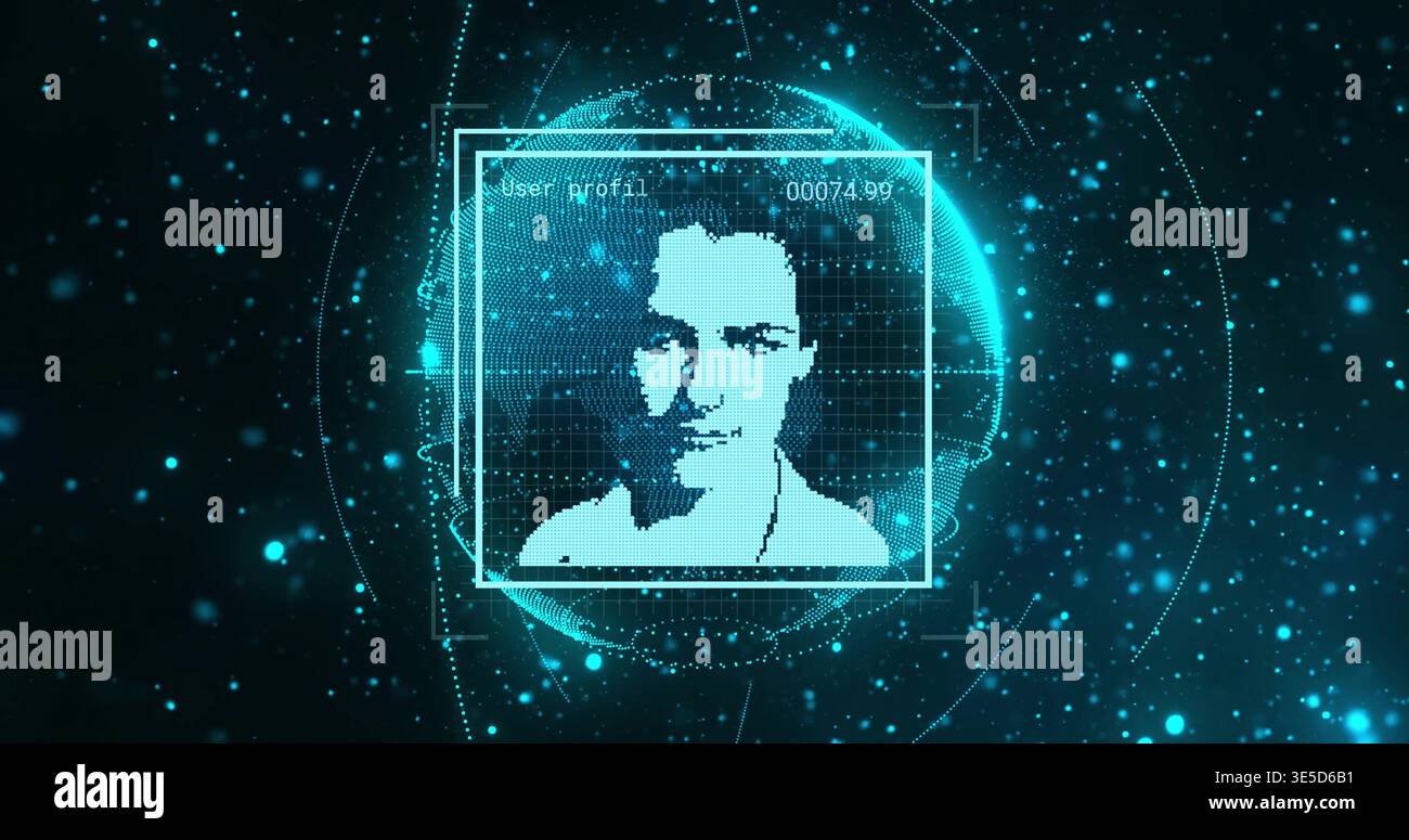 Displaying pixelated collared bust glowing inside square HUD in cyberspace, with wireframe globe Stock Photo