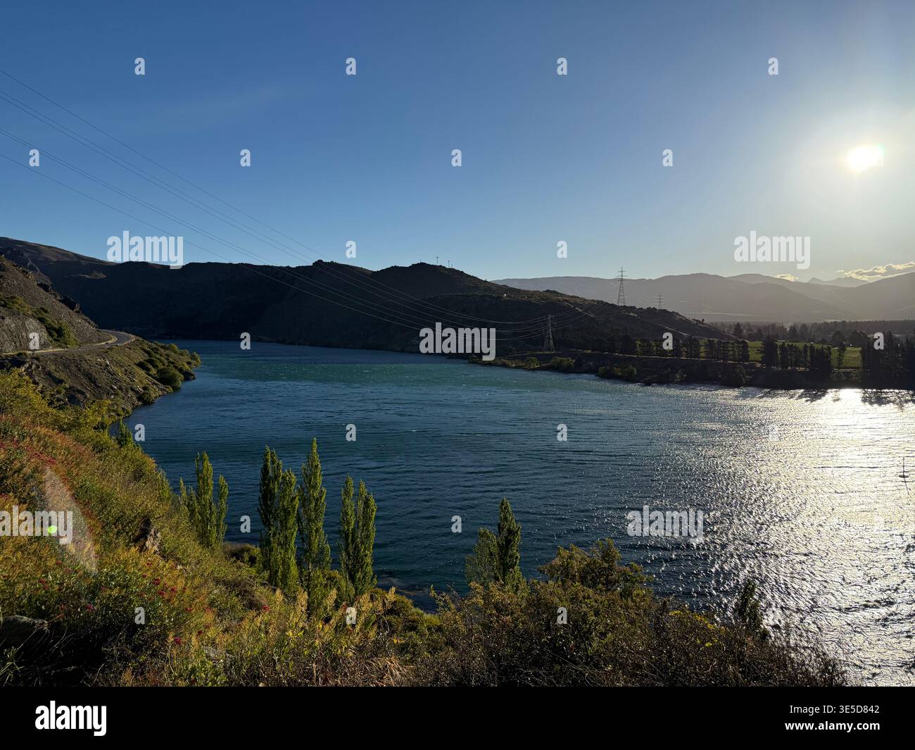 Panoramic view of Cromwell town on Lake Dunstan with mountains, Central Otago, New Zealand - Smartphone Captured Stock Image