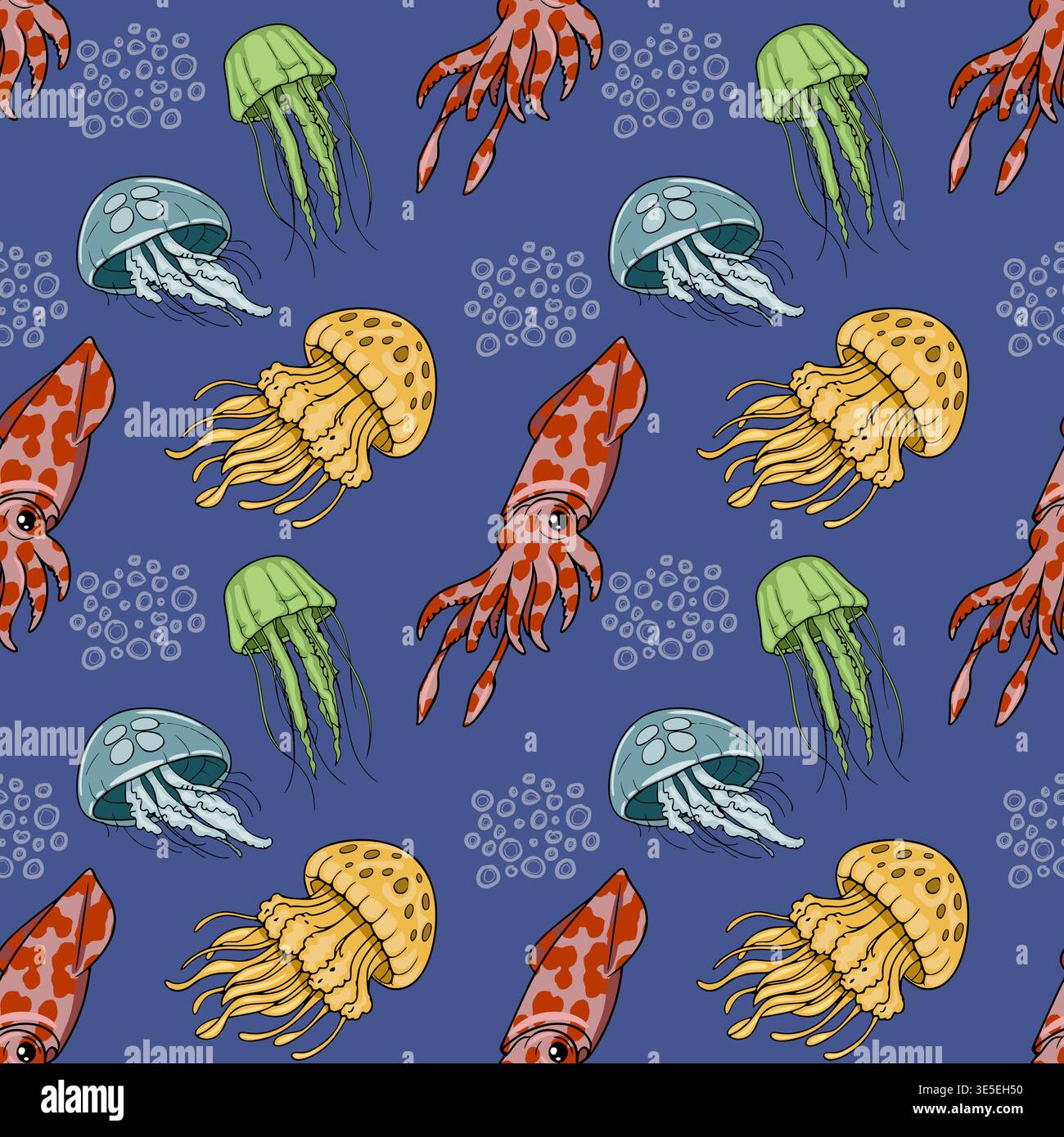 Seamless underwater vector pattern with colorful squids and jellyfish illustrations Stock Vector