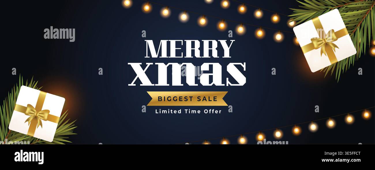 merry christmas biggest sale banner with 3d giftbox and fir branches vector Stock Vector