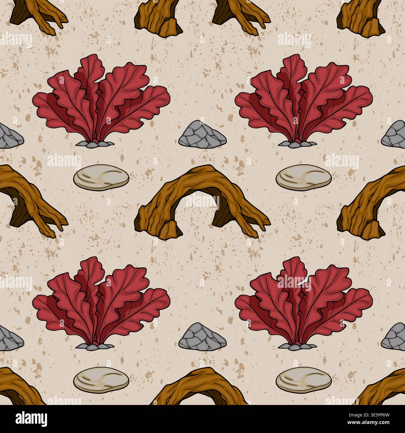 Seamless underwater vector pattern with red seaweed, driftwood arches, and pebbles on a textured sandy background Stock Vector