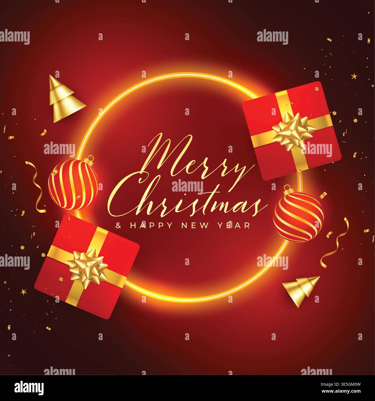 merry christmas neon frame background with 3d elements Stock Vector