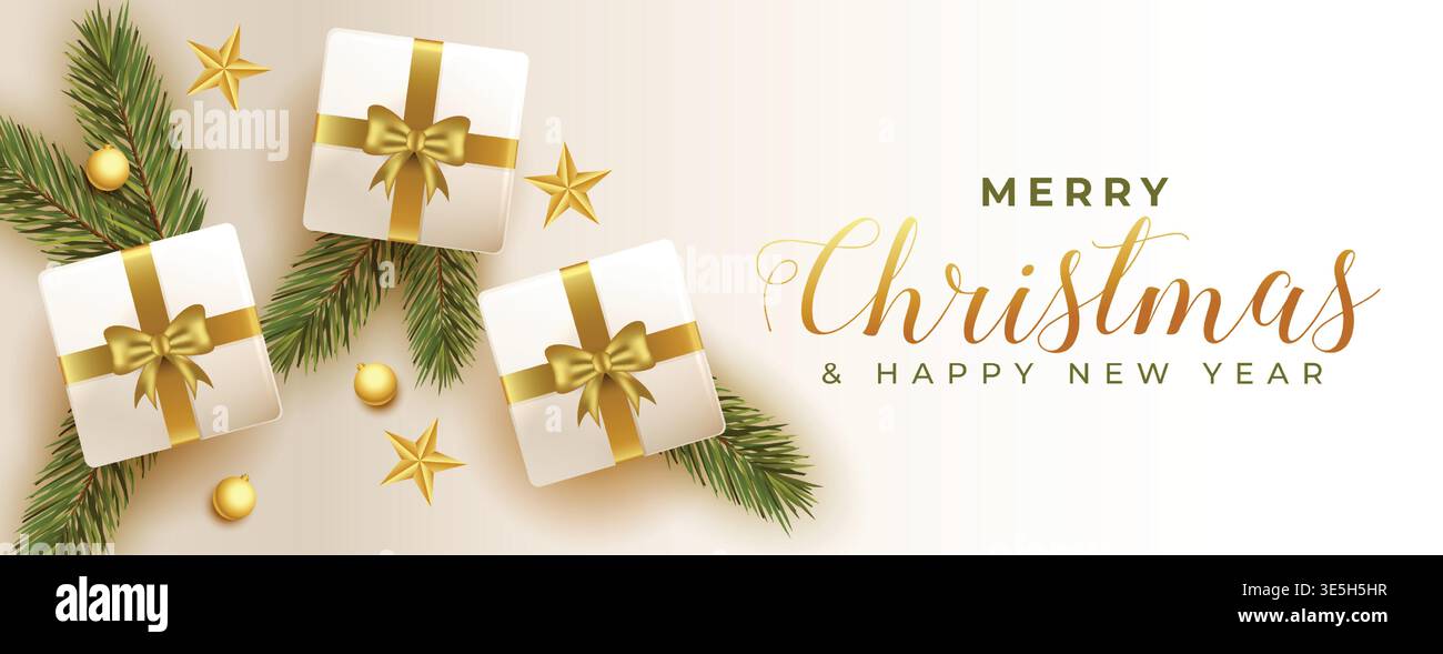 realistic 3d gift box with christmas elements banner Stock Vector