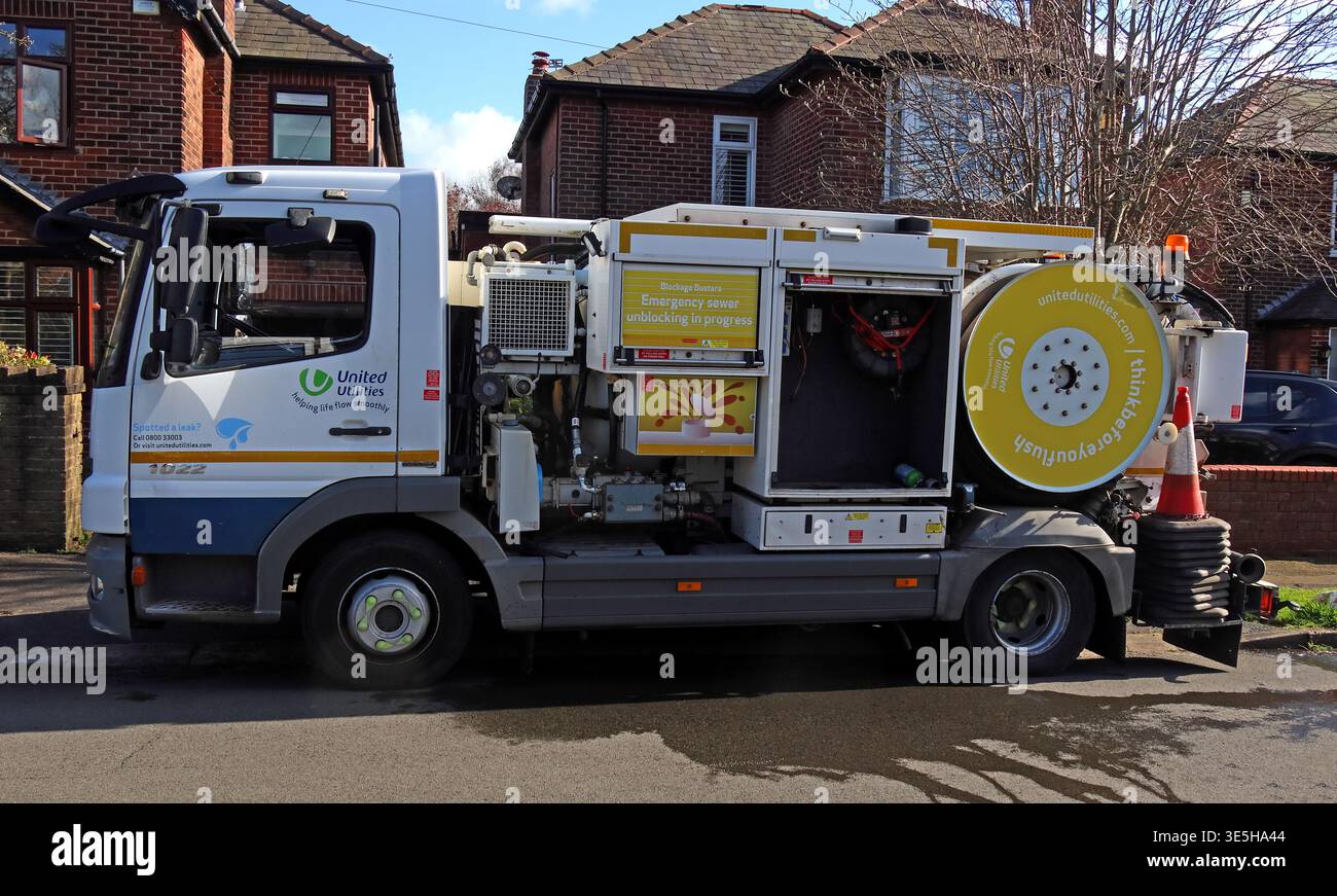 United Utilities drainage vehicle on a suburban avenue in North West England during sewer unblocking work, carrying Think Before You Flush branding. Stock Photo