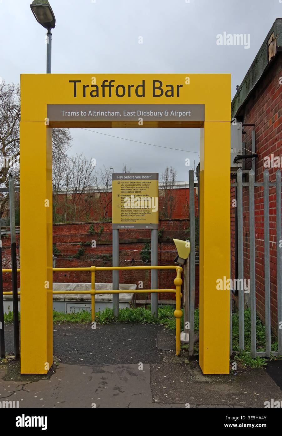 Trafford Bar Manchester Metrolink stop entrance sign, Old Trafford, Greater Manchester, England, UK. Stock Photo