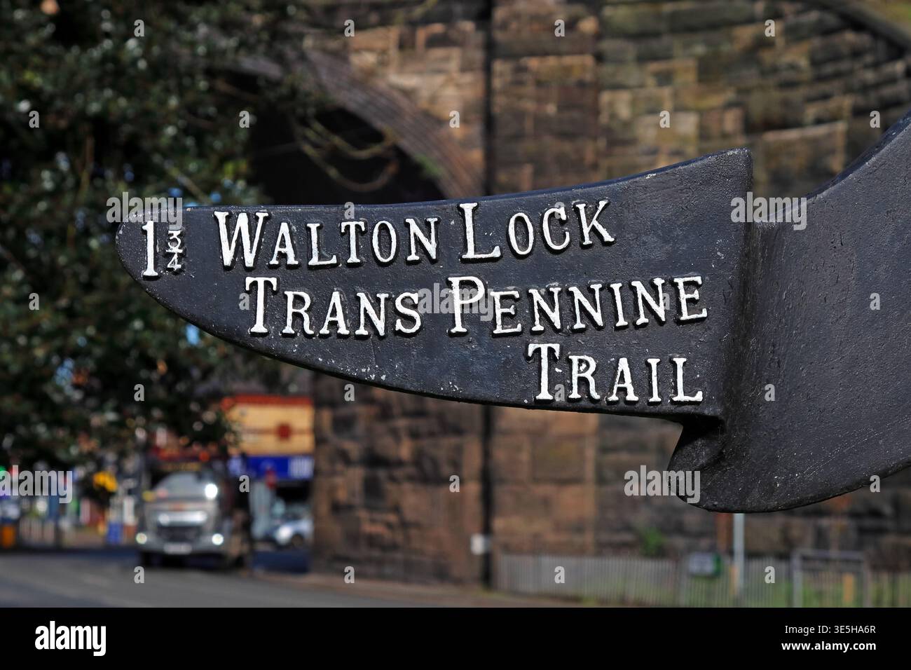 Walton Lock Trans Pennine Trail direction sign at Latchford, Warrington, Cheshire, England, UK. Stock Photo
