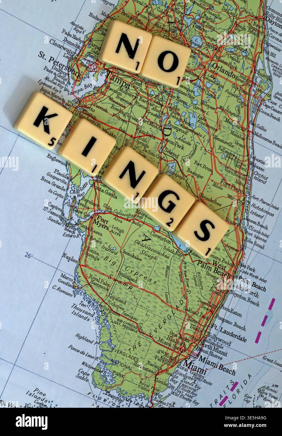 #NoKings No Kings on map spelt out in Scrabble letters - USA Florida Miami Stock Photo