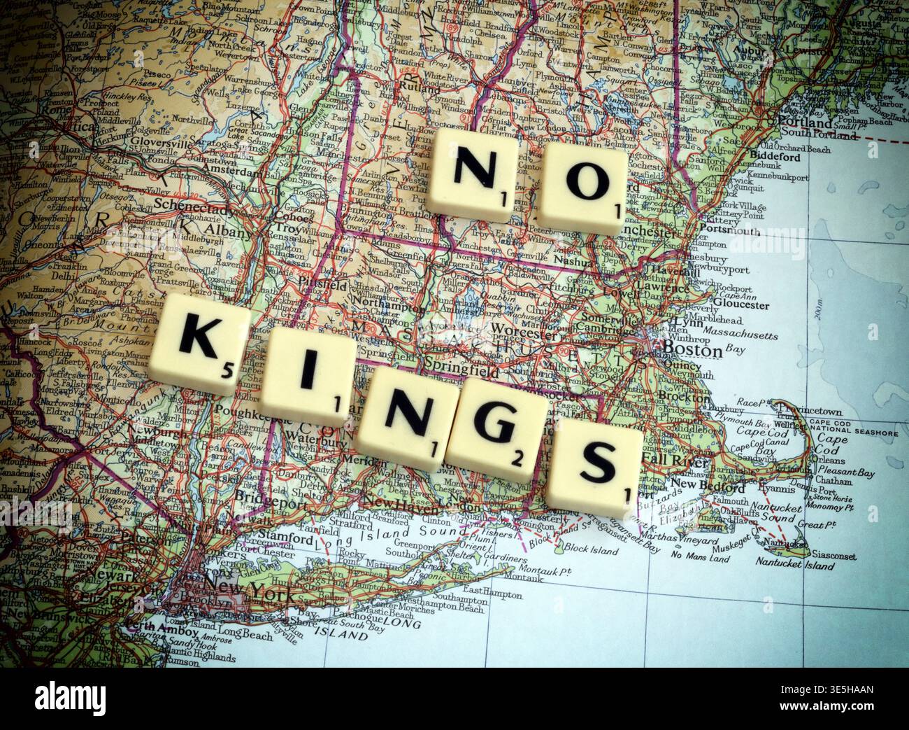 #NoKings No Kings on map spelt out in Scrabble letters - USA Boston Massachusetts Stock Photo