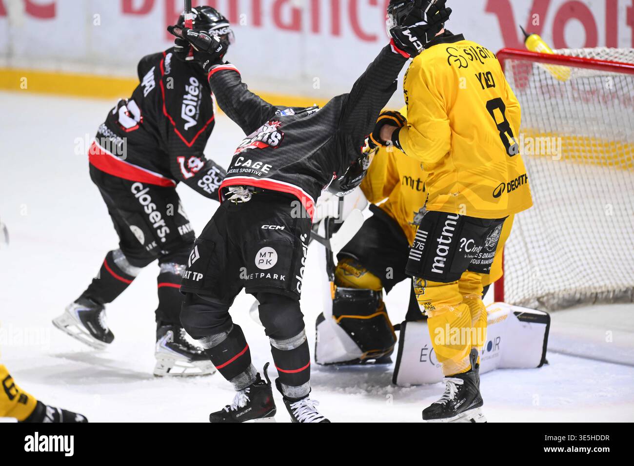 Loik Poudrier of Boxers de Bordeaux and Yeo Dylan of Dragons de Rouen ...