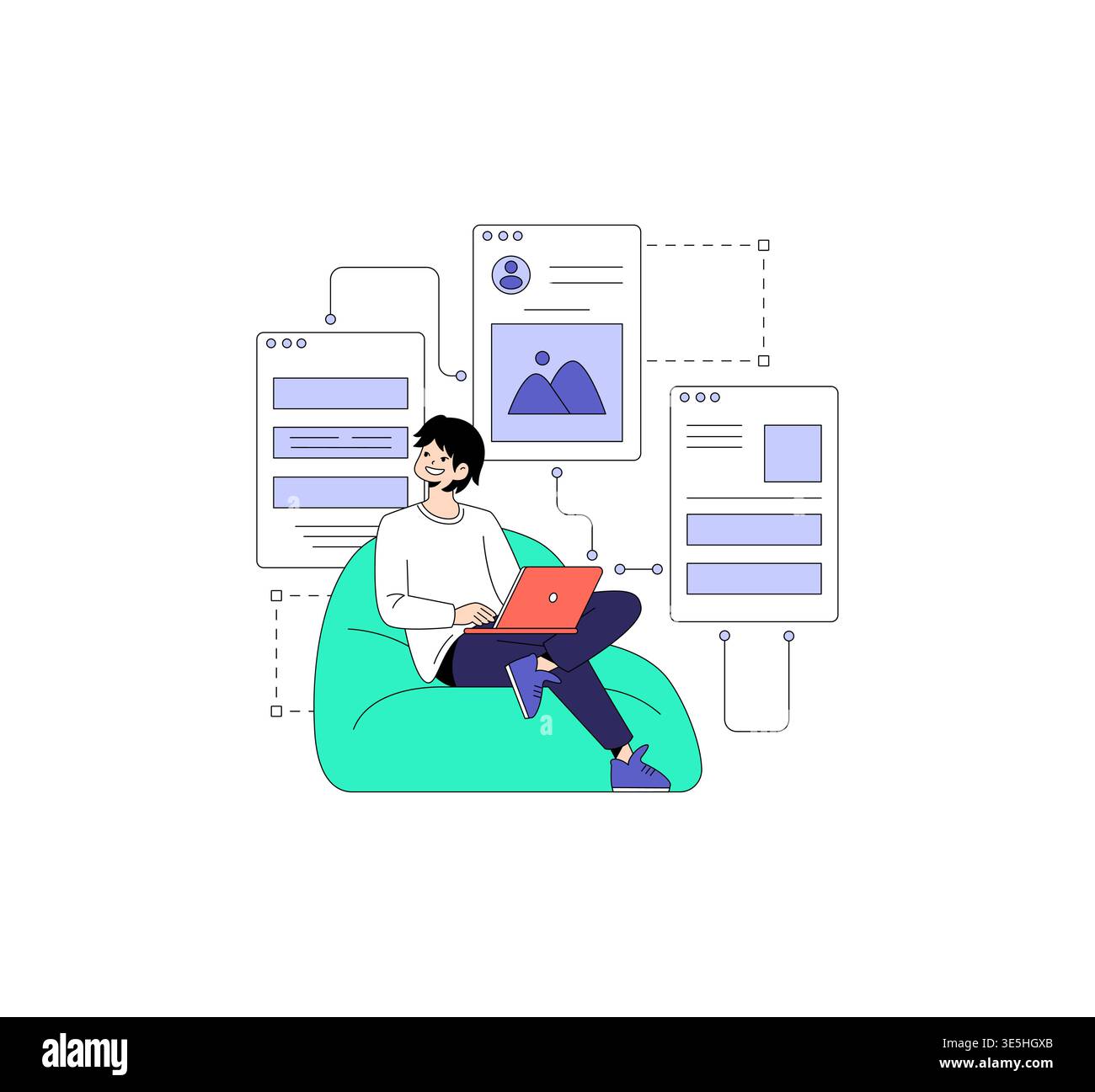 Young man sitting on a bean bag using a laptop, surrounded by digital interface elements. This vector illustration highlights remote work and modern technology in a relaxed setting. Stock Vector
