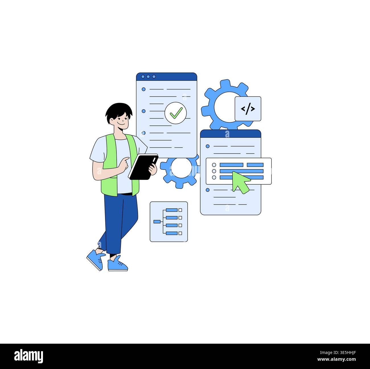 Developer analyzing code on a tablet, surrounded by symbols of coding and software development processes. The vector illustration emphasizes technology and digital analysis. Stock Vector