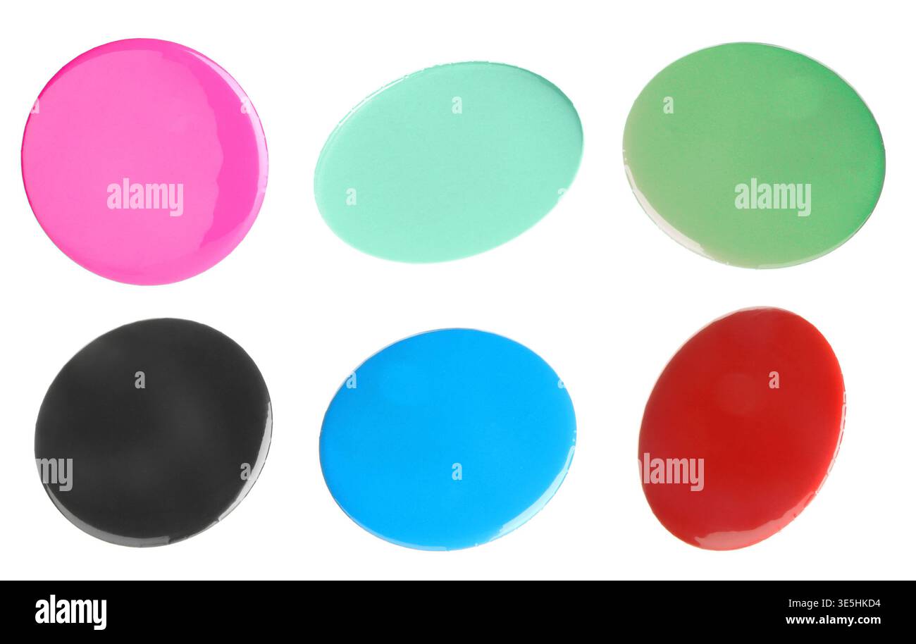 Button badges in different colors isolated on white, set Stock Photo