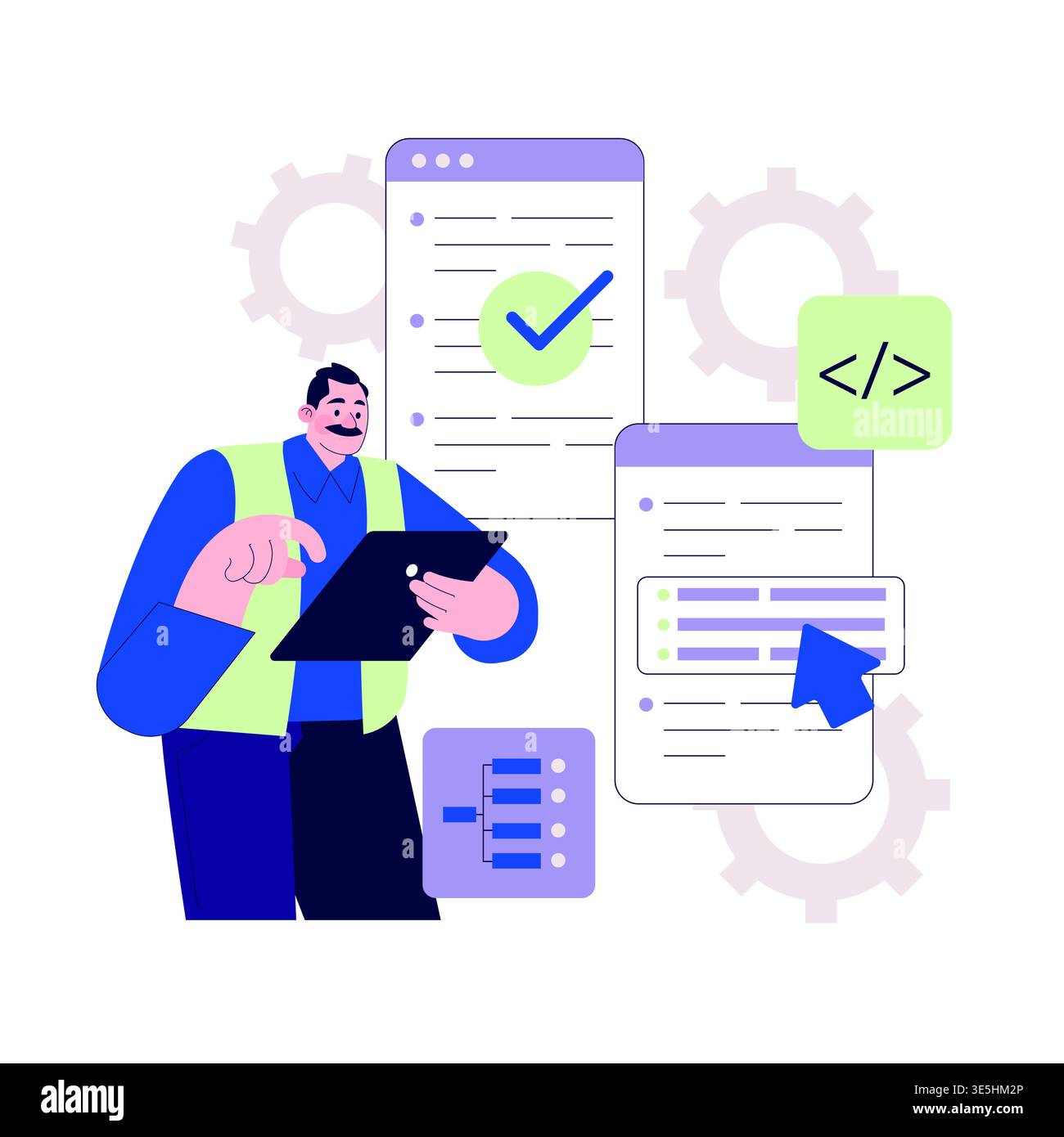 Vector illustration of a developer engaging with a tablet for coding tasks. The scene includes digital elements like checklists, code symbols, and gears, representing tech workflow. Stock Vector