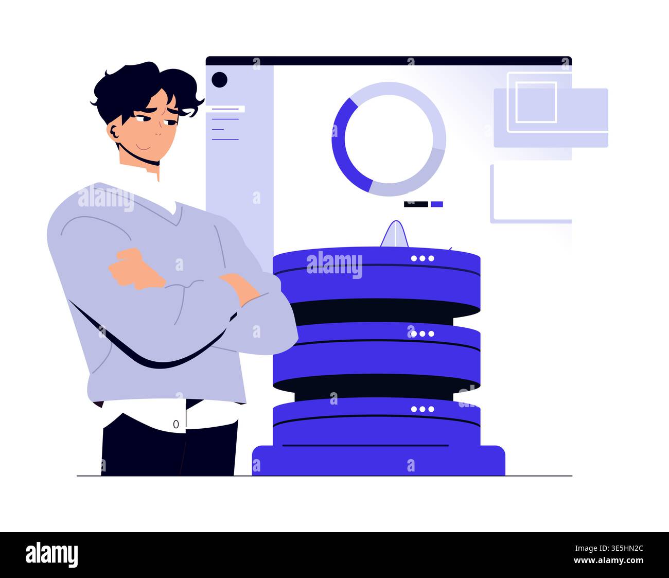 Business professional confidently analyzing data visualization on a digital screen. The vector illustration highlights data analysis, technology, and decision-making in a modern setting. Stock Vector
