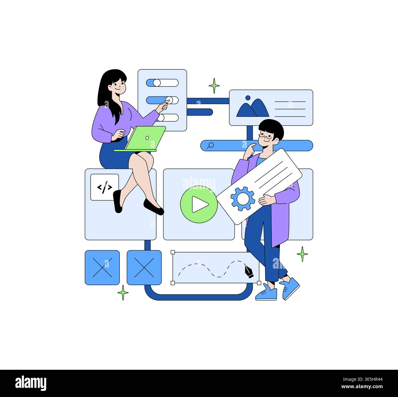 Vector illustration showing two people collaborating on software development tasks. They interact with digital elements like coding, settings, and media windows, highlighting teamwork. Stock Vector